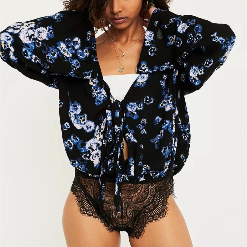 Free People Forties Feels Black Combo Floral Lace Tie Front Bodysuit Size S